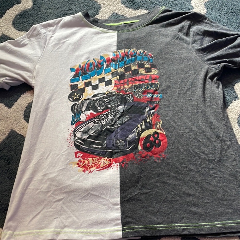 Half grey, half white hot wheels t-shirt